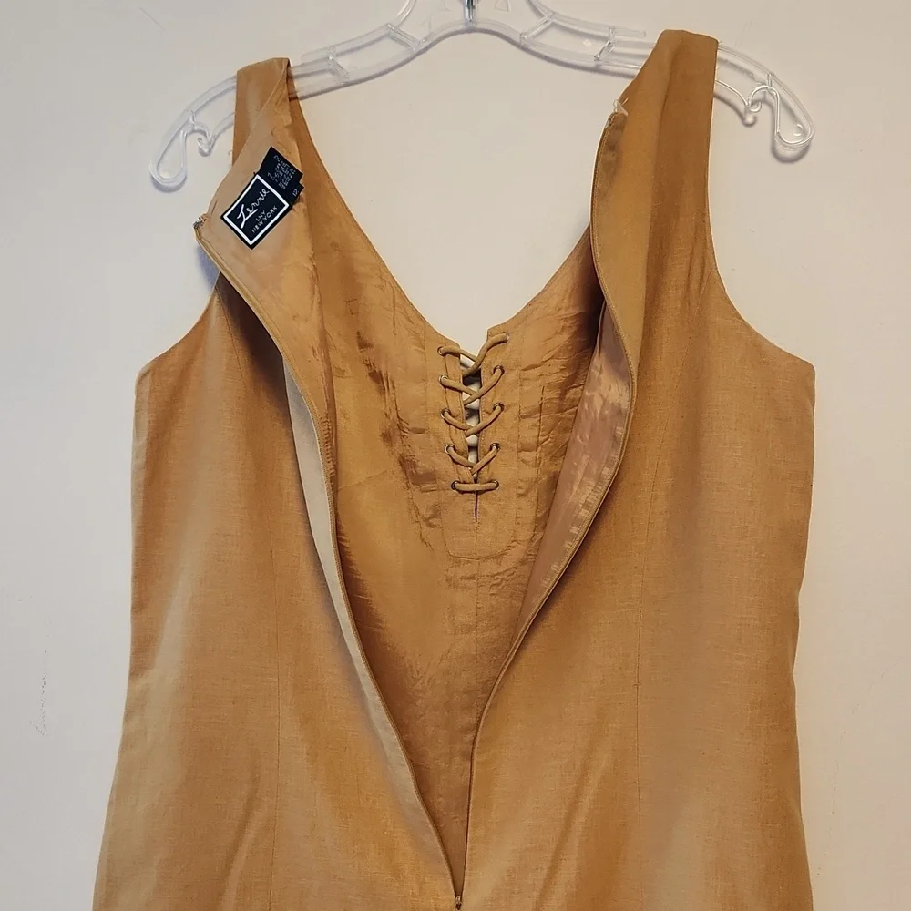Lennie LNY New York Gold Linen Blend Lace-up Front Shift Dress Sz 12 Vintage